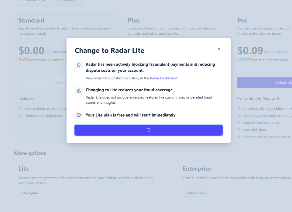 stripe bullshit: auto enroll in fraud protection with manual opt out! (radar)